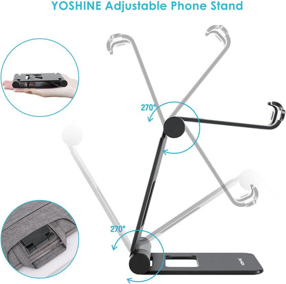 Phone Stand for Desk, Foldable Mobile Phone Stand with Non-Slip Base, Portable Mobile Phone Holder, Adjustable Cell Phone Stand, Solid Aluminum Stand Holder Dock for All Smart Phones - Black