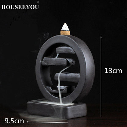 10Pcs Incense Cone + Square Fountain Ceramic Backflow Incense Burner Incense Holder Aroma Censer Living Room Office Ornament