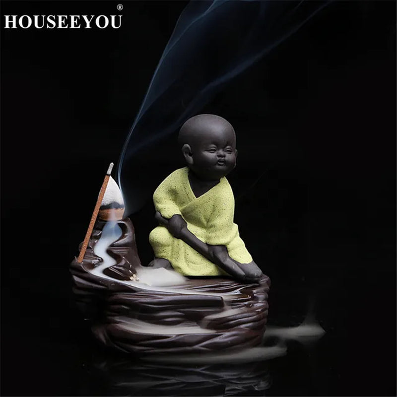 The Lovely Little Monk and Small Buddha Backflow Incense Burner Aroma Censer Furnace for the Home Office Teahouse Zen Home Decor