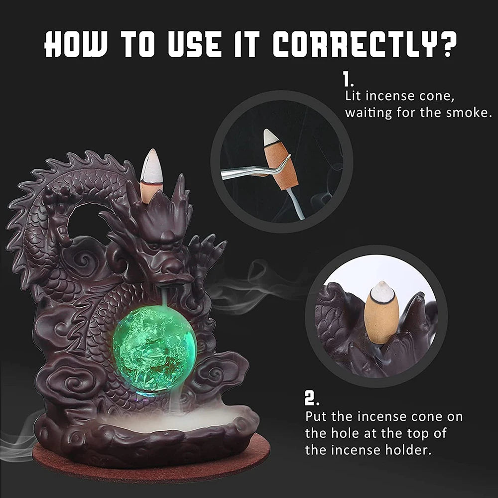 Smoking Dragon Backflow Incense Burner Waterfall Incense Holder Censer with Colorful Led Crystal Ball Incense Stick Home Decor