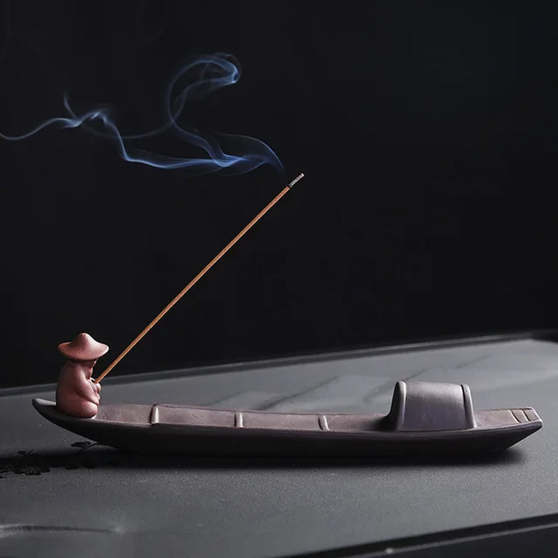 1Pc Incense Stick Holder, Zen Meditation Purple Clay Fisherman Fishing Incense Stick Holder Home Decor (Without Incense)