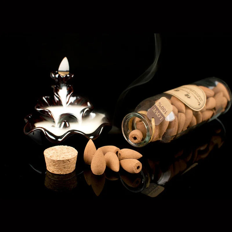 58Pcs Glass Bottle Package Flavor Can Choose Natural Smoke Backflow Incense Cones Hollow Cone Incense Sandalwood