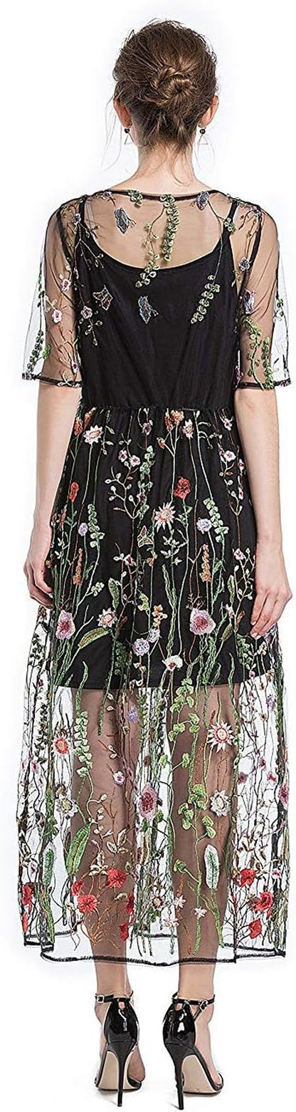 Women'S Floral Embroidered Tulle Prom Maxi Dress with Cami Dress 3/4 Sleeves