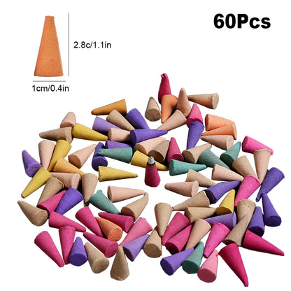 60Pcs Incense Cones Colorful Fragrance Incense Cones Anxiety Relief Natural Scents Cones for Meditation Relaxation