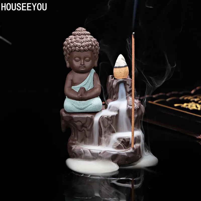 20Pc Incense Cones + Burner Creative Home Decor the Little Monk Small Buddha Censer Backflow Incense Burner Use in Home Teahouse