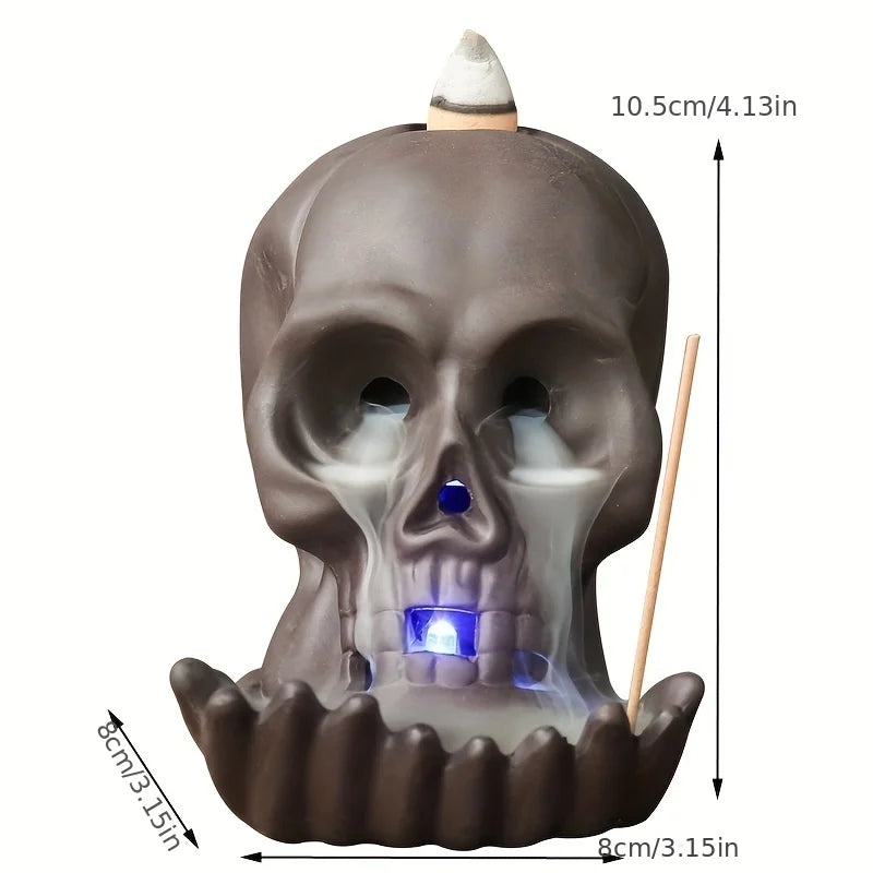 1Pc LED Waterfall Incense Burner Skull Backflow Incense Burner Halloween Decoration Creative Home Aromatherapy（Without Incense）