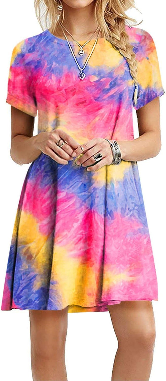 Tie-Dye Dress Women Short Sleeve Printed Short Dress Casual Dress