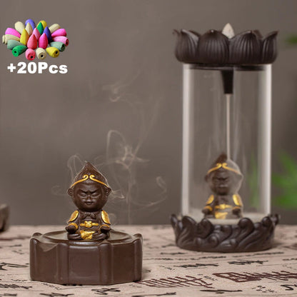 20Pcs Incense Cones Buddha Monk Backflow Incense Burner Windproof Incense Holder Censer Aromatherapy Diffuser Creative Ornament