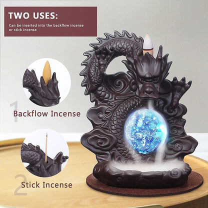 Smoking Dragon Backflow Incense Burner Waterfall Incense Holder Censer with Colorful Led Crystal Ball Incense Stick Home Decor