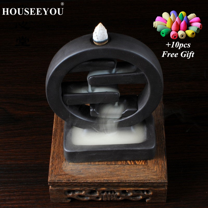 10Pcs Incense Cone + Square Fountain Ceramic Backflow Incense Burner Incense Holder Aroma Censer Living Room Office Ornament