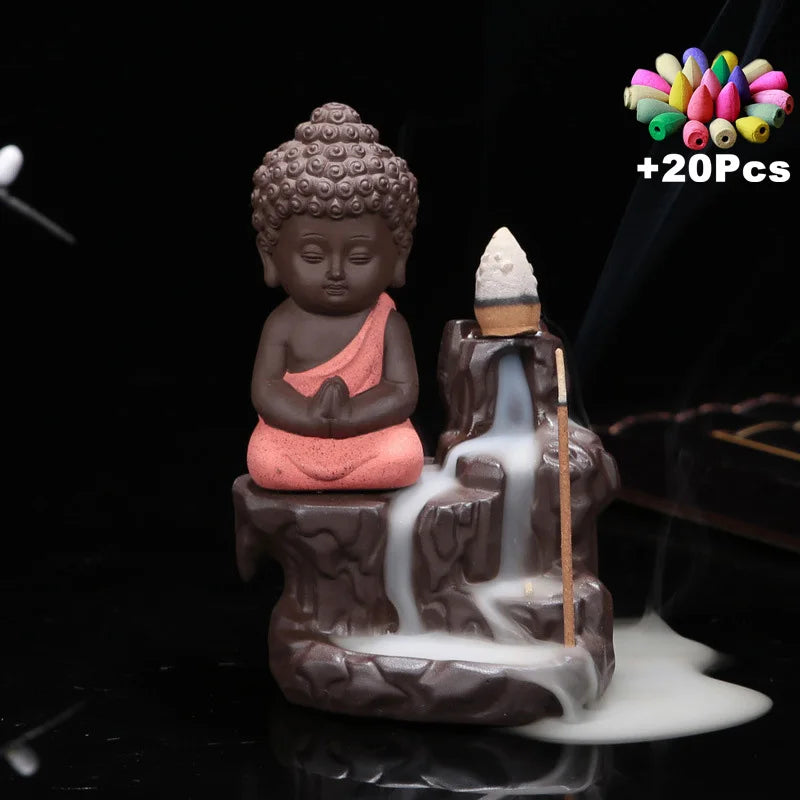 20Pcs Incense Cones Burner Creative Home Decor Zen Monk Small Buddha Censer Backflow Incense Burner Use in Home Teahouse Yoga