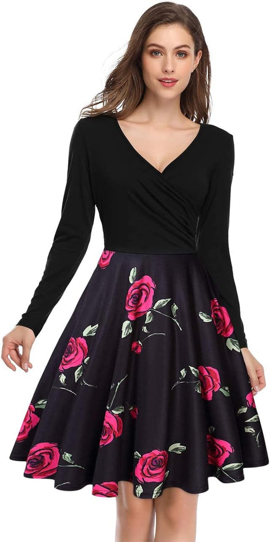 Women'S V-Neck A-Line Floral Party Knee Length Dress