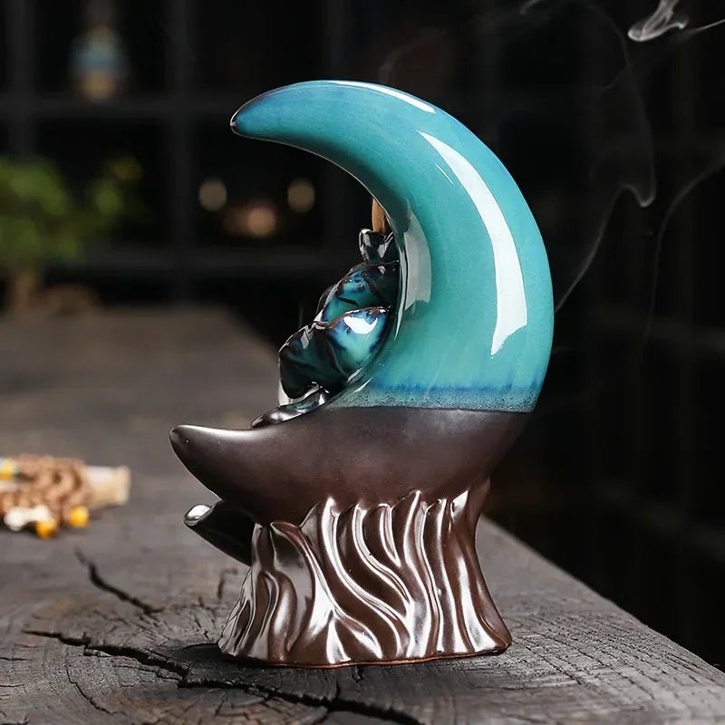 Zen Decorative Moon & Lotus Waterfall Backflow Incense Burner Incense Sticker Holder Home Decor Creative Home Aromatherapy Gift