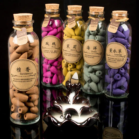 58Pcs Glass Bottle Package Flavor Can Choose Natural Smoke Backflow Incense Cones Hollow Cone Incense Sandalwood