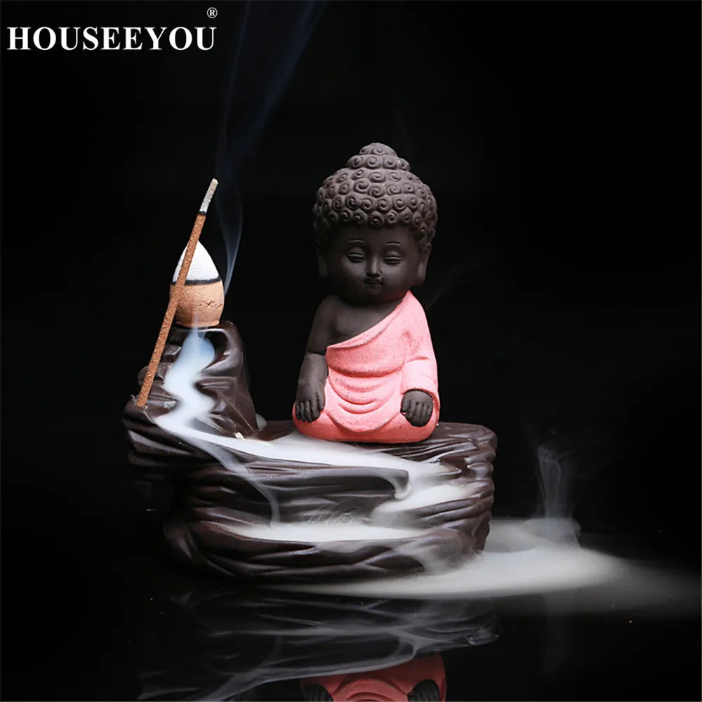 The Lovely Little Monk and Small Buddha Backflow Incense Burner Aroma Censer Furnace for the Home Office Teahouse Zen Home Decor