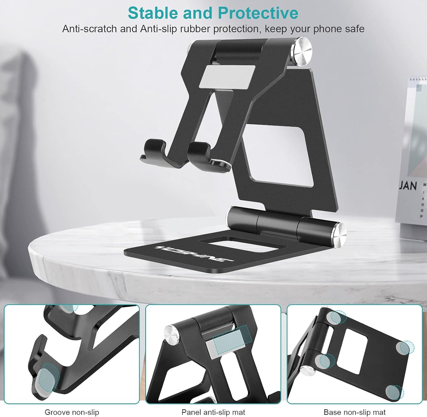 Phone Stand for Desk, Foldable Mobile Phone Stand with Non-Slip Base, Portable Mobile Phone Holder, Adjustable Cell Phone Stand, Solid Aluminum Stand Holder Dock for All Smart Phones - Black