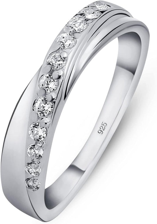 Women'S 925 Sterling Silver Ring Crossover Band with Zirconia Stones