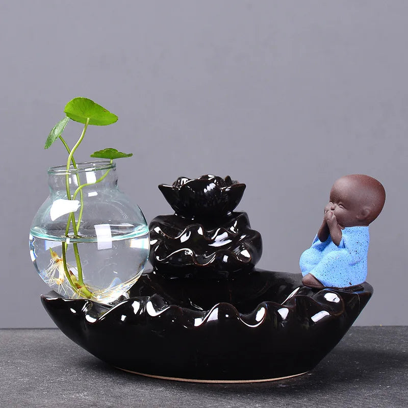 The Little Monk Incense Burner Ceramic Hand Made Ceramic Holder Water Planting Home Office Decor Fish Tank with 20Cones Gift