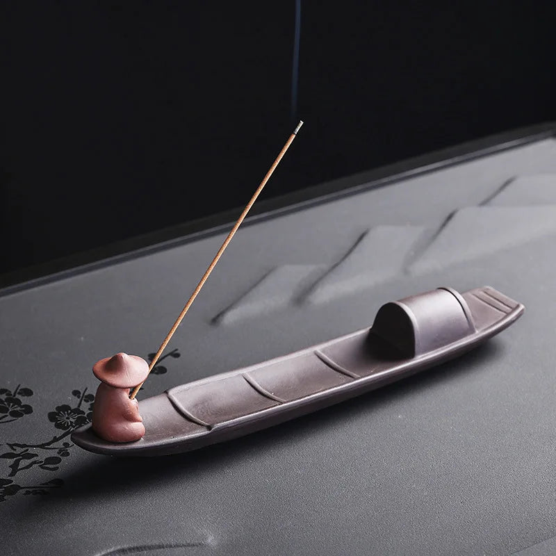 1Pc Incense Stick Holder, Zen Meditation Purple Clay Fisherman Fishing Incense Stick Holder Home Decor (Without Incense)