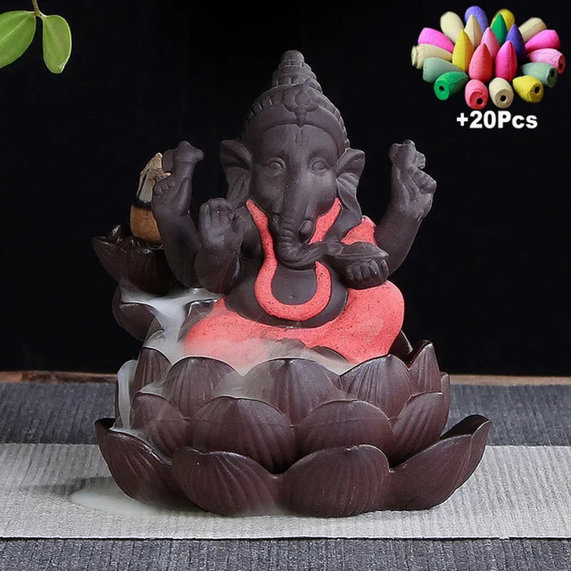 +20Pcs Incense Cones Ceramic Lotus Indian Ganesha Elephant God Buddha Statues Backflow Incense Burner Buddha Incense Censer Hold