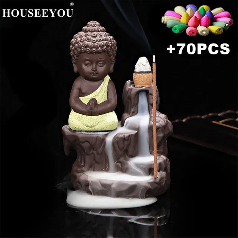 20Pc Incense Cones + Burner Creative Home Decor the Little Monk Small Buddha Censer Backflow Incense Burner Use in Home Teahouse