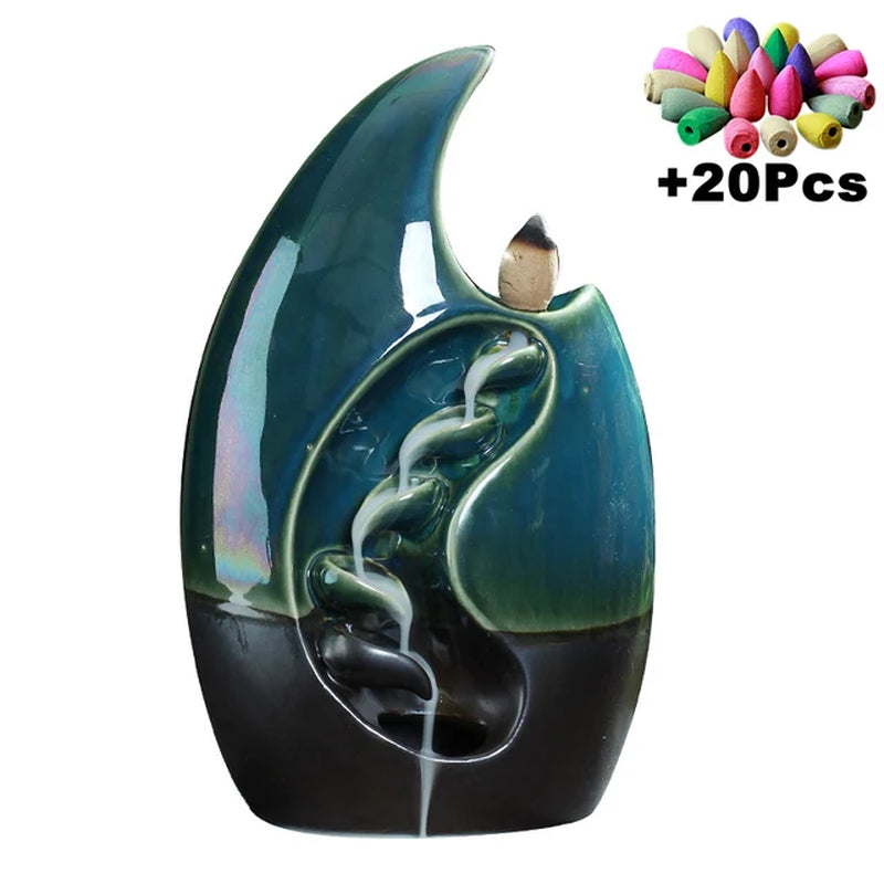 Bright Moon Waterfall Burner Ceramic Incense Holder Hand Made Ceramic Handiwork Home Office Decor with 20Cones Gift
