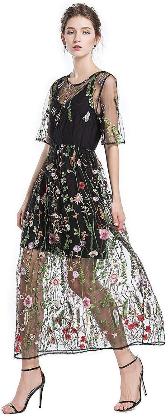 Women'S Floral Embroidered Tulle Prom Maxi Dress with Cami Dress 3/4 Sleeves